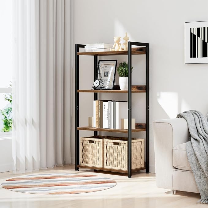 NUMENN Bookshelf, 4 Tier Bookshelves, Home Office Bookcase Shelf Storage Organizer, Free Standing Storage Shelving Unit for Bedroom, Living Room and Home Office, Vintage