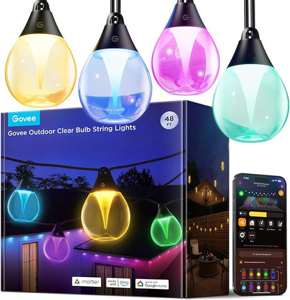 Govee Clear Bulb Outdoor String Lights, 48ft IP67 Patio & Backyard Lights | 15 RGBWIC Dimmable LED Bulbs, 111 Modes, Music Sync, IP67 Waterproof & Shatterproof, Work with Alexa, Google & Matter