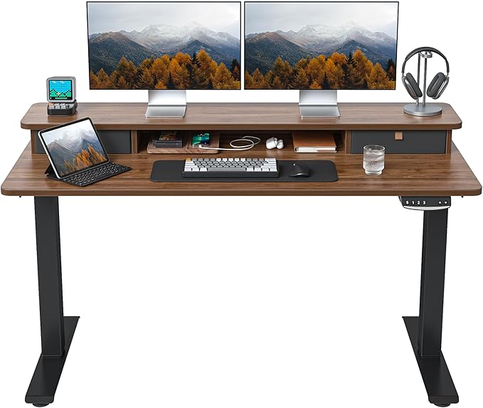 FEZIBO 55 x 24 Inch Height Adjustable Electric Standing Desk with Double Drawer, Stand Up Desk with Storage Shelf, Sit Stand Desk, Blcak Walnut