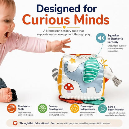 Baby Activity Cube Toy 8-in-1 for Babies 6-12 Months | Montessori Sensory Cube with Mirror, Teether, Crinkle Textures & Fine Motor Activities | Soft Busy Cube Toy for Toddler