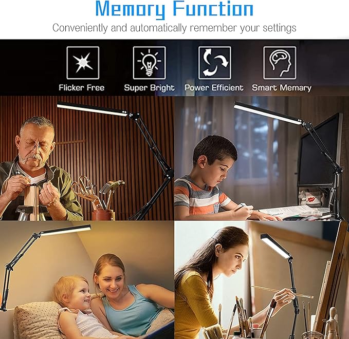 LED Desk Lamp with Clamp and Round Base, Swing Arm Eye Caring Table Lamp, 3 Color Modes 10 Brightness Levels, Memory Function Lamp with USB Adapter, Desk Light for Home Office 14W Black