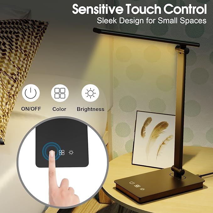 LED Desk Lamp for Home Office, Desk light Dimmable Eye-caring Reading with 5 Lighting & 5 Brightness Level, Table Light Touch Control Foldable Table Lamp for Bedside Office Study Reading Work