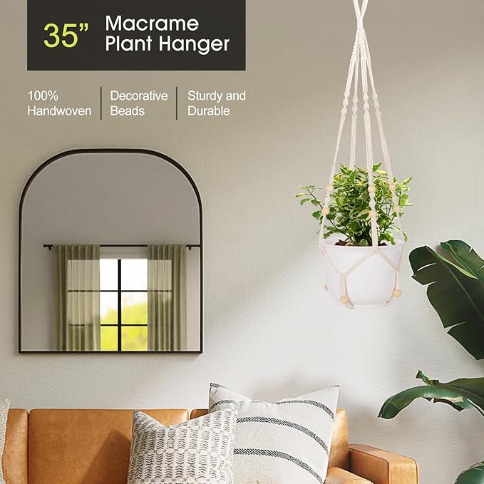 RIFNY Macrame Plant Hanger Indoor, 35 Inch Hanging Plant Holder with Hooks, Large Boho Hanging Basket Plant Hanger for Wall Window Ceiling Plants Decor (White, 1PC)