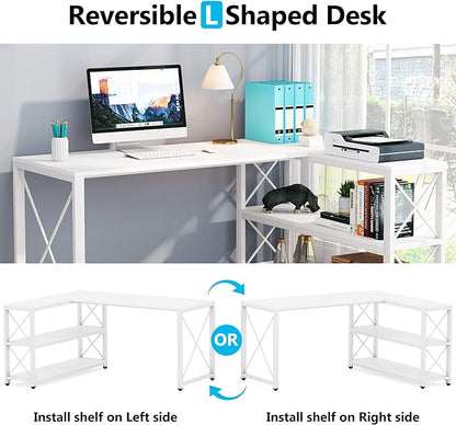 Tribesigns Reversible Industrial L-Shaped Desk with Storage Shelves, Corner Computer Desk PC Laptop Study Table Workstation for Home Office Small Space (White, 59")