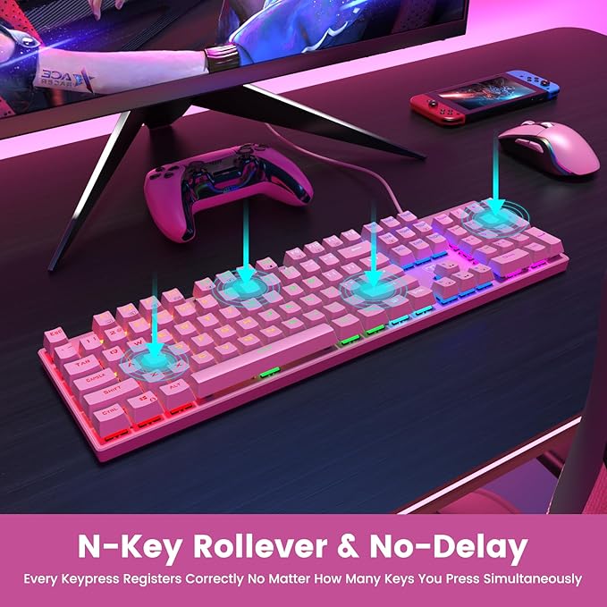 RisoPhy Mechanical Gaming Keyboard, Wired RGB 104 Keys, Blue Switch, Pink | Ultra-Slim Backlit USB Wired Keyboard, Durable ABS Keycap/Anti-Ghosting/Spill-Resistant Keyboards for PC Mac Xbox Game