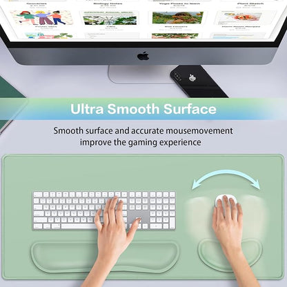 Desk Mat Green, Large Gaming Mouse Pad with Wrist Rest, 4in1 XXL Mousepad+Keyboard Wrist Rest+Mouse Pad Wrist Support+Cup Coaster Set Ergonomic Computer Desk Arm Wrist for Decor Home Office Women