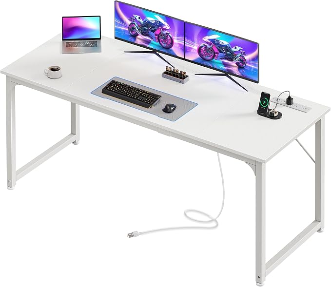 PRAISUN 63 X 24 Inch Computer Desk, Power Outlets, USB-C, White | Office Desk with 4 AC Outlets, USB & USB-C, Sturdy Metal Frame, Spacious Desktop for Work, Writing, Study & Gaming