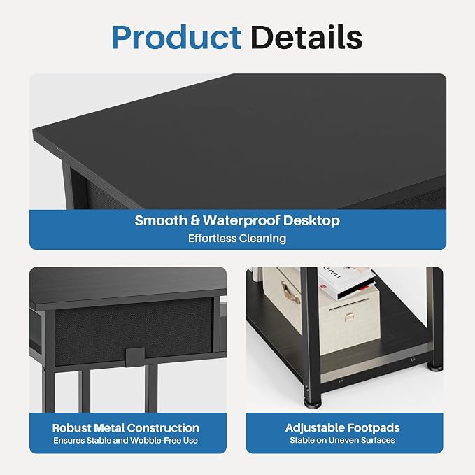 OLIXIS 48 Inch Desk with Storage, Computer Desk, Fabric Drawers | Home Office, Gaming Writing, Study Work, PC Table, Small Space Bedroom, Black