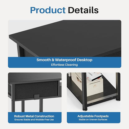 OLIXIS 48 Inch Desk with Storage, Computer Desk, Fabric Drawers | Home Office, Gaming Writing, Study Work, PC Table, Small Space Bedroom, Black