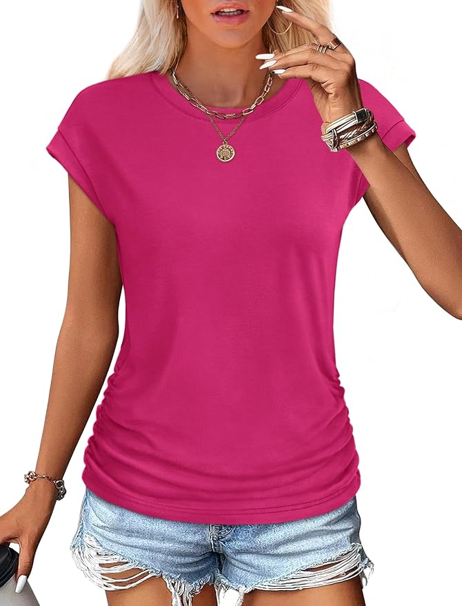 Sampeel Womens Summer Tops Trendy 2026 Ruched Cap Short Sleeve Tshirts Shirts Crew Neck T Shirts Fashion