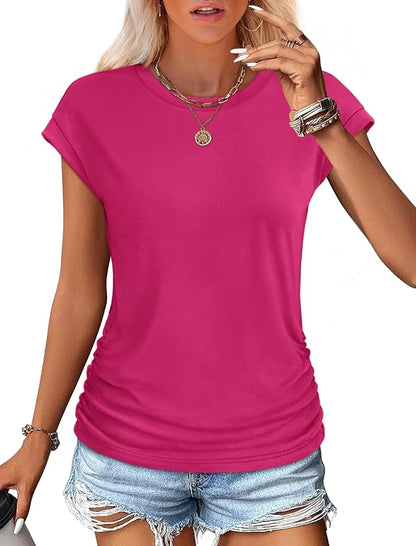 Sampeel Womens Summer Tops Trendy 2026 Ruched Cap Short Sleeve Tshirts Shirts Crew Neck T Shirts Fashion