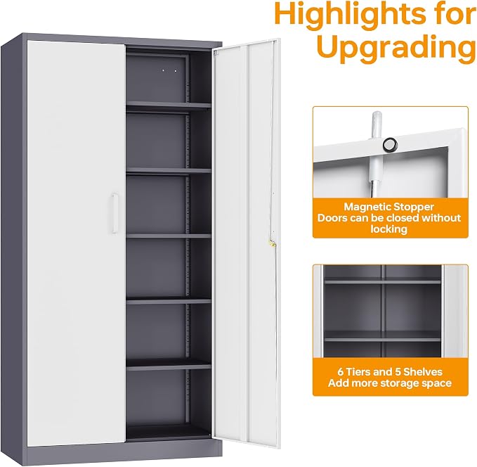 STANI Metal Garage Storage Cabinet with Lock, 71" Steel Lockable File Cabinet, Locking Steel Storage Shelf with 5 Adjustable Shelves for Home, Office, Warehouse, Garage, School (White+Grey)