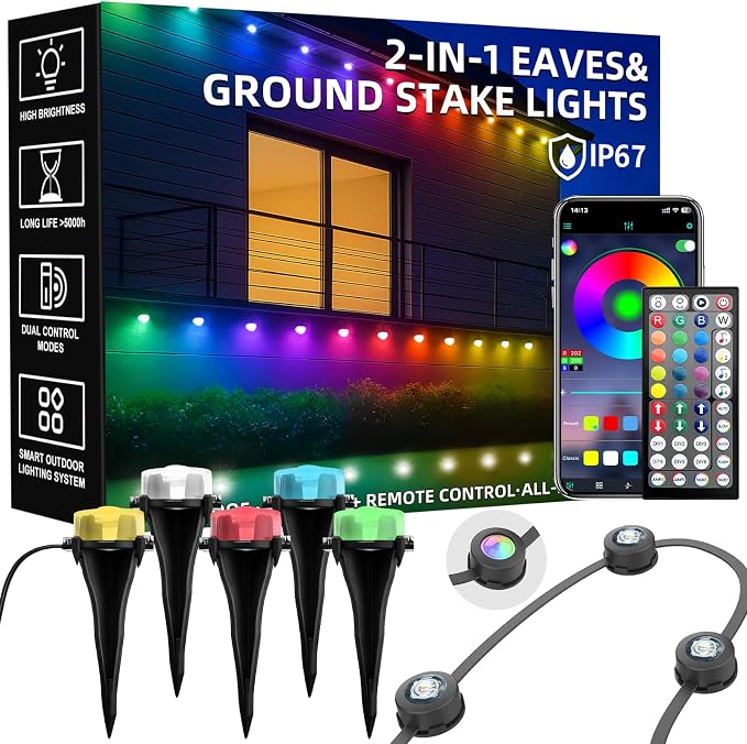 200 FT 2-in-1 Eaves & Ground Stakes LED String Lights, Outdoor RGB Light with App & Remote Control for House, Garden, and Landscape, Waterproof Smart Color-Changing Lighting for Holiday Everyday Decor