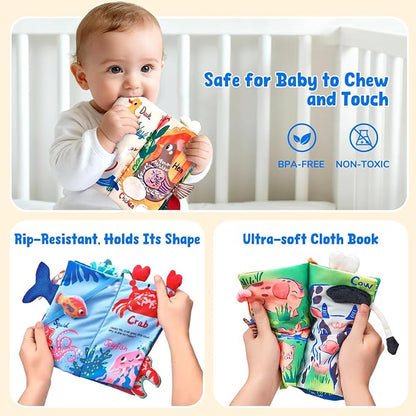 JoyCat 2-Pack Baby Cloth Books 0-6-12 Months - Farm & Ocean Infant Sensory Toys - Tummy Time Mirror & Montessori Developmental Learning -Easter Basket Stuffers Gift Set Girl Boy