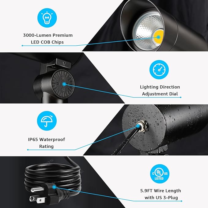 SUNVIE 30W Spot Lights Outdoor 120V Dusk to Dawn Outdoor LED Spotlight Plug in with Photocell Sensor 3000K Waterproof Bright Flag Pole Light for Yard Tree Garden Landscape Lighting with Stake 6FT Cord