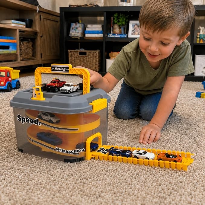 Toy Car Track Storage Playset - Toddler Toys 3-4, Car Toys Race Set with 12 Diecast Cars, City Play Mat, Race Ramp, Portable Storage Bucket - Birthday Gift Toys for 3 4 5 Year Old Kids Boys