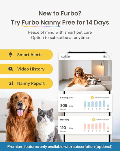 Furbo Mini 360° 2K QHD Pet Camera: Basic See, Talk & Toss Features, No AI Alerts, No Subscription Required, Dog & Cat Rotating Treat Dispenser w/Phone App, Smart Indoor Cam, 2-Way Audio & Night Vision