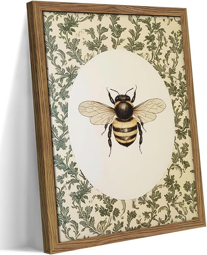Framed Vintage Bee Wall Art, Cottagecore Floral Botanical Decor, Rustic Garden Insect Pictures Poster, Oval Bumblebee Canvas Print Wall Decor for Bedroom Living Room 12x16 inch
