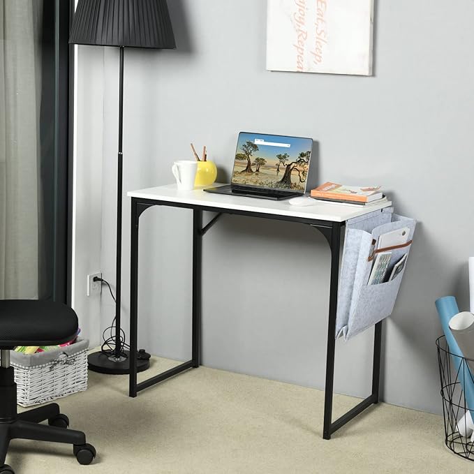 FurnitureR 31.5 inch Small Study Writing Table with Storage Bag Space Saving for Home Office, Modern PC Metal Frame Computer Desk, White