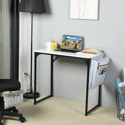 FurnitureR 31.5 inch Small Study Writing Table with Storage Bag Space Saving for Home Office, Modern PC Metal Frame Computer Desk, White