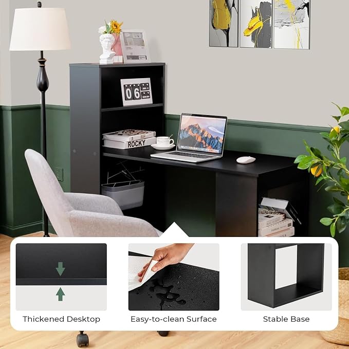 Tangkula Computer Desk with Bookshelf, Writing Study Desk with Storage Shelves & CPU Stand, Modern Compact Computer Workstation for Home & Office, Space-Saving Design (Black) | Bookcase Desk w/Bookshelf Storage Shelves & CPU Stand, Space-Saving Design ...