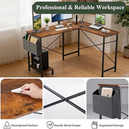 L Shaped Desk Computer Desk, 50inch Brown Gaming Desk with CPU Stand | Reversible Corner Desk, Storage Bag, Sturdy Metal Frame, Student Study Writing Table for Home Office