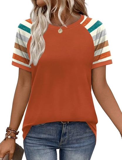 WIHOLL Womens Summer Tops Color Block Short Sleeve Raglan Shirts Spring Fashion Clothes Vacation Outfits