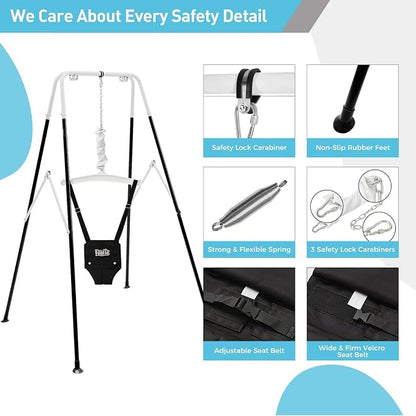 FUNLIO Baby Jumper with Stand for 6-24 Months, Toddler Jumper for Indoor/Outdoor Play, Infant for Baby Girl/Boy, with Adjustable Chain, Easy to Assemble & Store (with Stand) - Black