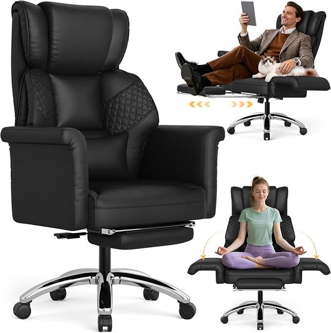 Ergonomic Office Chair with Footrest, Criss Cross Legged Desk Chair with Flip-Up Arms, Wider Thicker Spring Seat, Lumbar Pillow, Pet-Friendly, 500LBS Big and Tall Heavy-Duty Executive Leather Chair