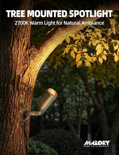 MALORY Brass Landscape Spot Down Light, 12 Pack | Low Voltage LED Downlights, 5W MR16 LED Bulb, 2700K Warm White, For Yard, Garden, Lawn, Wall, Patio