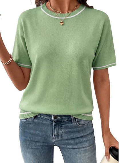 SHEWIN Womens Tops Trendy Short Sleeve Shirts Crewneck Lightweight Knit Sweater Top Business Casual Outfits