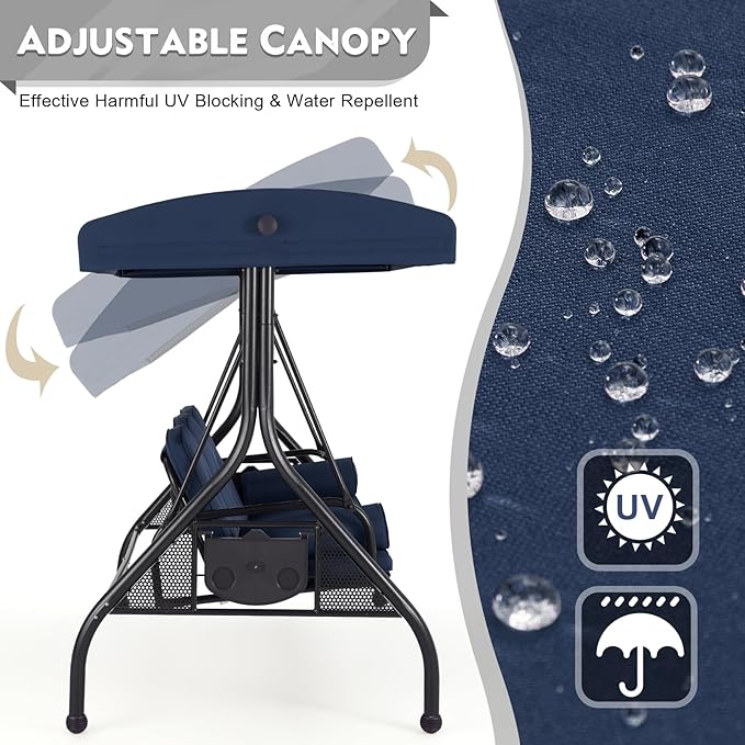 HOMREST 3 Seat Outdoor Porch Swing with Adjustable Canopy, Convertible Patio Swing Bed with Stand, Patio Glider Swing with Upgraded Cup Holder, Thicken Cushions ＆ Pillow for Backyard (Blue)