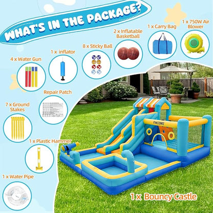 FINCOME Inflatable Bounce House, 10 in 1 Double Water Slide Bounce House with 750W Blower, Climbing Wall, Jumping, Water Gun, Splash Pool, Basketball Hoop for Kids Indoor Outdoor Backyard