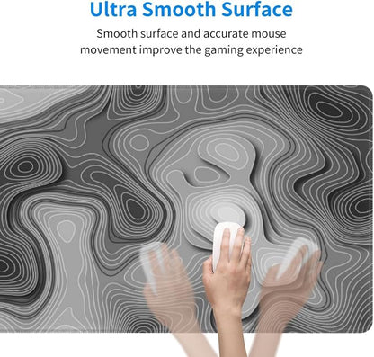 3D Topographic Map Mouse Pad Grey White Gaming Mouse Pad XL Desk Mat Large Desk Pad Non-Slip Rubber Base Keyboard Mouse Mat with Stitched Edges for Home Office Work