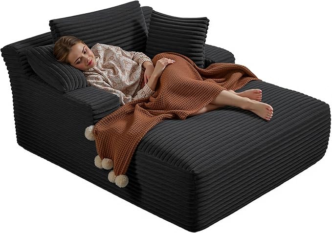 50 Inches Chaise Lounge Indoor, Oversized Chaise Lounge Chair with 3 Throw Pillows and Armrests, Corduroy Upholstered Plush Sofa Bed Lazy Chair Bed Sleeper Chair for Living Room Apartment (Black)