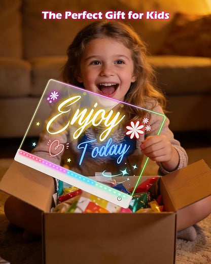 LED Drawing Board for Kids - 17" Flicker-Free Glow Doodle Drawing Pad with 11-Color Light Modes, Soft Light Dry Erase Note Board with Stand, Hanging Chain, 12 Markers, Gifts for Kids (1 PCS)