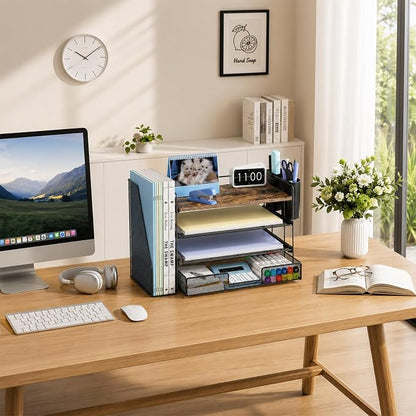 OPNICE Desk Organizer, 4-Tier Desktop File Organizer with Drawer and Pen Holders, Office Desk Accessories, File Sorters, Workspace Organizers for Office Supplies(Wood)