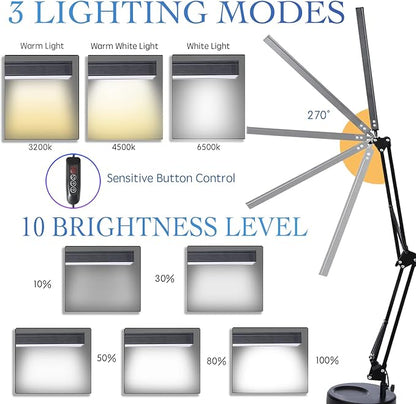 LED Desk Lamp with Clamp and Round Base, Swing Arm Eye Caring Table Lamp, 3 Color Modes 10 Brightness Levels, Memory Function Lamp with USB Adapter, Desk Light for Home Office 14W Black