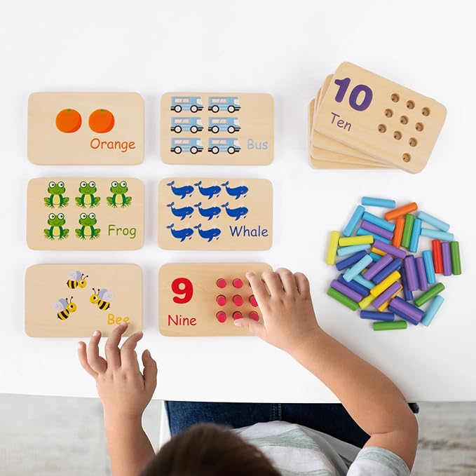 TOOKYLAND Peg Board Toddler Toys, Counting Wooden Toys with 55 Pegs, Wooden Math Manipulatives,Montessori Math and Numbers for Kids & Kindergarten Learning Activities