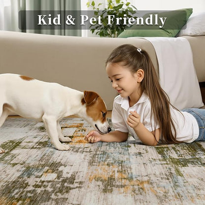 Ciicool Modern Abstract Rug for Living Room, 5'x7' Machine Washable Soft Area Rug Non-Slip Rug, Low-Pile Contemporary Indoor Dining Floor Carpet for Bedroom Office Under Table Home Decor Beige Green