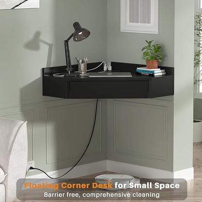 armocity Triangular Computer Desk with Outlets, Wall-Mounted Desk for Small Space, Floating Corner Table with Drawer, USB Ports, Home Office, Bedroom, Black