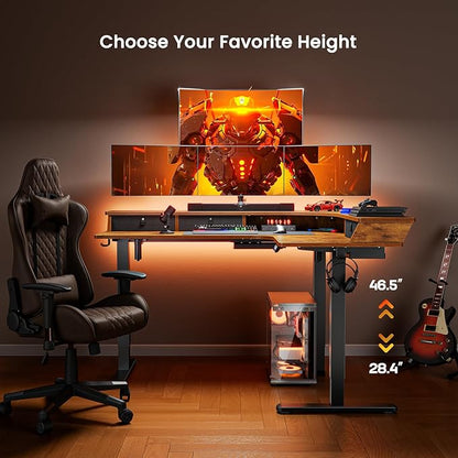 ErGear 65″ L Shaped Standing Desk for Gaming, [3 Drawers & 2 Cable Management Trays] Corner Stand up Desk w/Monitor Shelf Height Adjustable for Home Office, Vintage Brown
