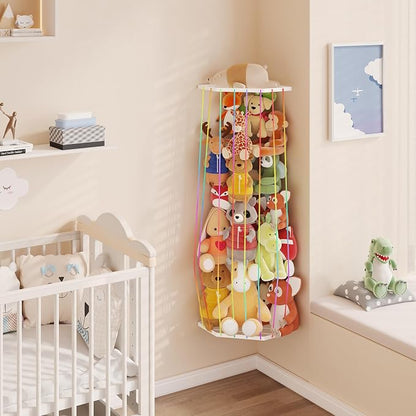 BBLlKE Stuffed Animal Storage Zoo - Corner Plush Toy Organizer Length Adjustable, Wall Hanging Stuffed Animal Net Holder for Nursery Playroom Bedroom Kids Room, Multicolor