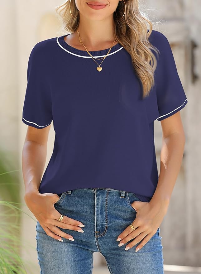 SHEWIN Womens Tops Trendy Short Sleeve Shirts Crewneck Lightweight Knit Sweater Top Business Casual Outfits
