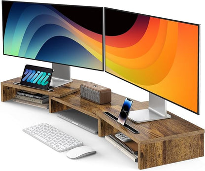 AMERIERGO Dual Monitor Stand Riser- 3 Shelf Screen Stand with Adjustable Length and Angle, 2 Extra Functional Slot Desktop Organizer Stand for PC, Computer, Laptop (Rustic Brown)