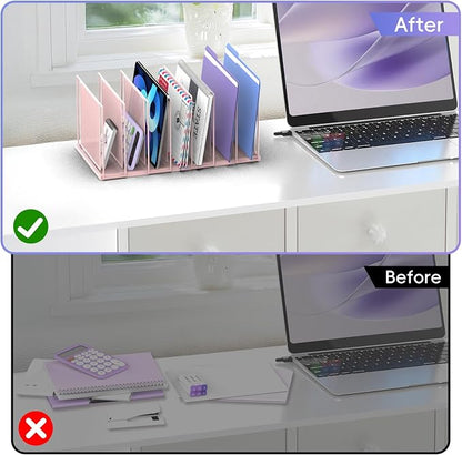 File Organizer for Desk, 7-Section Vertical File Sorter, Paper Holder Organizer Standing Metal File Folder for Office Home Classroom, Pink