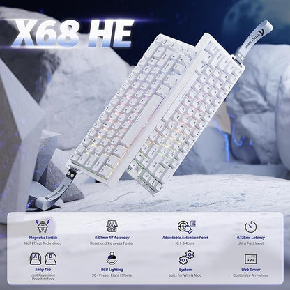 ATTACK SHARK X68 HE 60% Wired RT 8K Keyboard and Wireless R1 Mouse-White | Adjustable Actuation,Hall Effect Mechanical Magnetic Switch,Coiled Cable,USB C/2.4Ghz/BT Ultralight 18K DPI Mice for PC Gamer