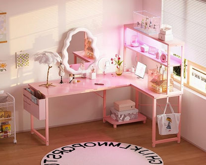 AODK L Shaped Desk Gaming Desk with LED Light & Power Outlet | 53 Inch Pink Reversible L Shaped Computer Table with Shelf & Storage Bag & Hook for Home Office