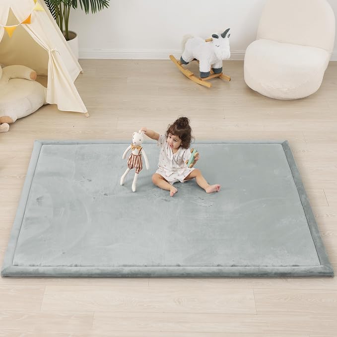 1.5" Thick Padded Baby Play Mat for Floor Tummy Time, Pro Soft Foam Activity Playroom Playmats, Easy Care with Non-Slip Safe for Infant Toddlers Crawling 79"x 158" (Light Grey)