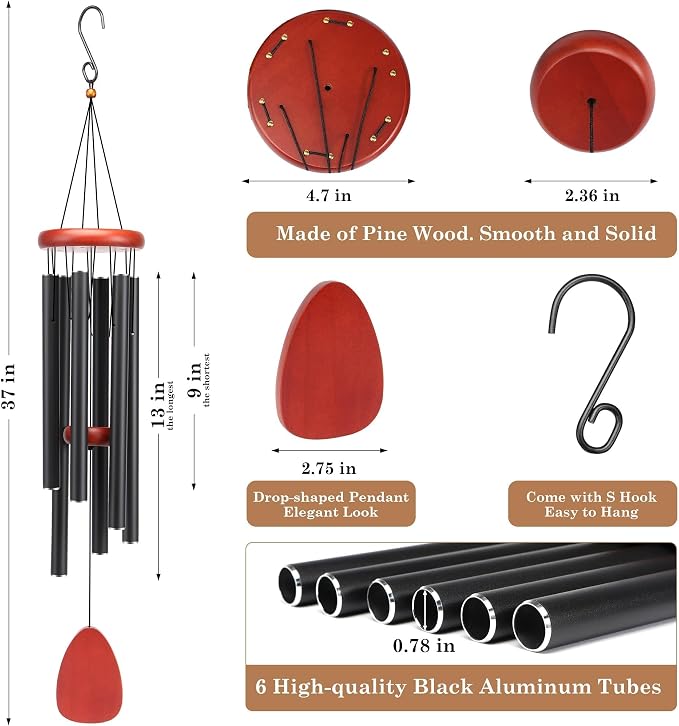 Classic Black Wind Chimes for Outside Soothing Melodic Wind Chime 37" to Create a Zen Atmosphere. Sympathy/Memorial Gift, Indoor Outdoor Garden Patio Decoration